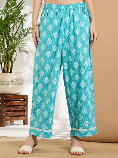 Ethnic Floral Printed Embroidered Straight Kurta with Palazzo & Dupatta - Turquoise Blue