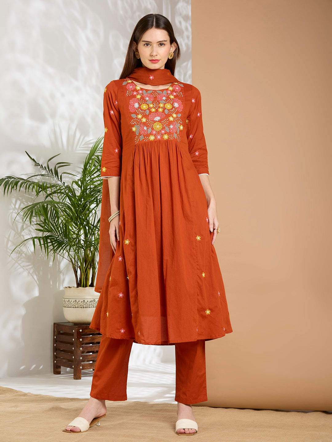 Solid Floral Embroidered A-Line Flared Kurta with Pant & Dupatta - Rust
