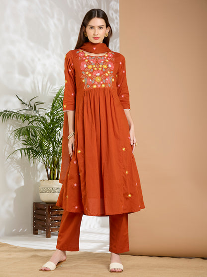 Solid Floral Embroidered A-Line Flared Kurta with Pant & Dupatta - Rust