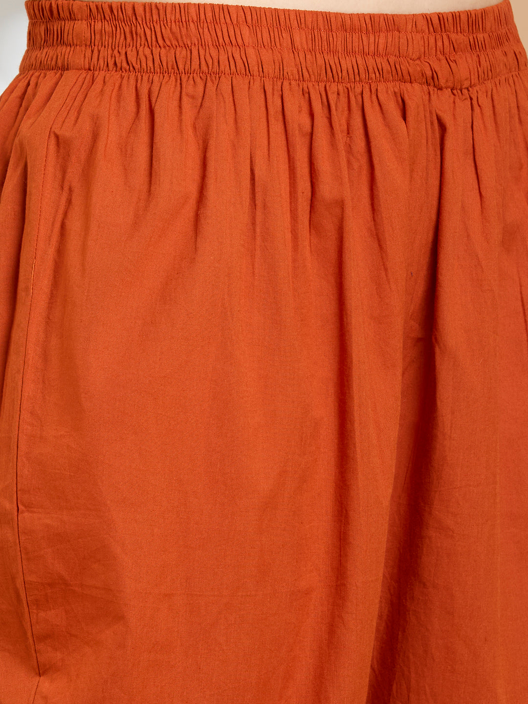 Solid Floral Embroidered A-Line Flared Kurta with Pant & Dupatta - Rust