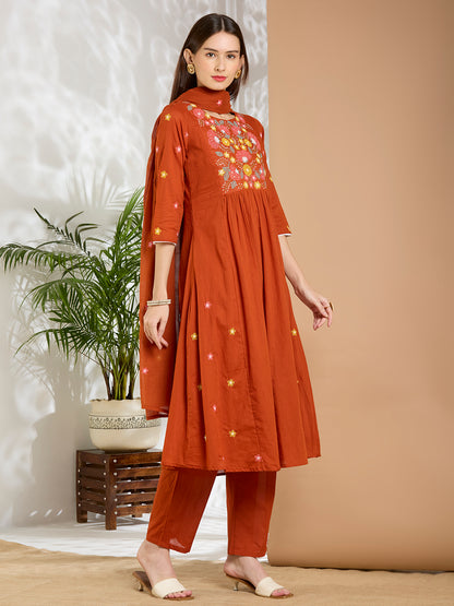 Solid Floral Embroidered A-Line Flared Kurta with Pant & Dupatta - Rust