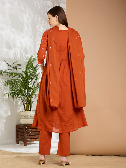 Solid Floral Embroidered A-Line Flared Kurta with Pant & Dupatta - Rust