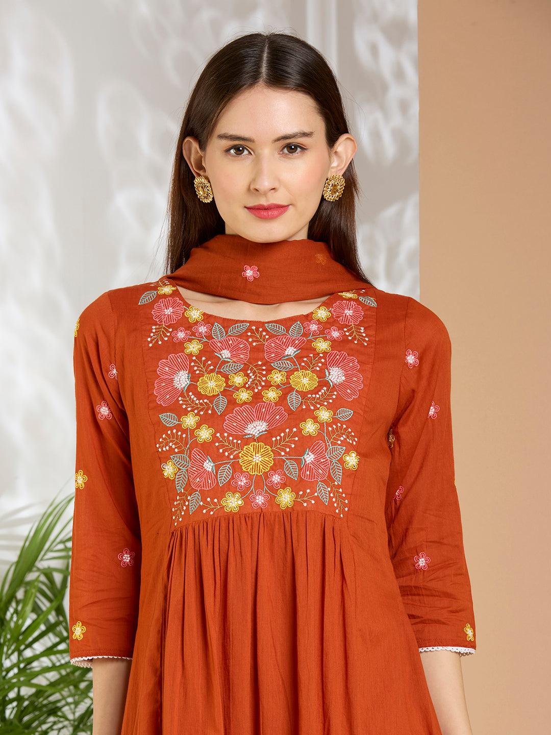 Solid Floral Embroidered A-Line Flared Kurta with Pant & Dupatta - Rust