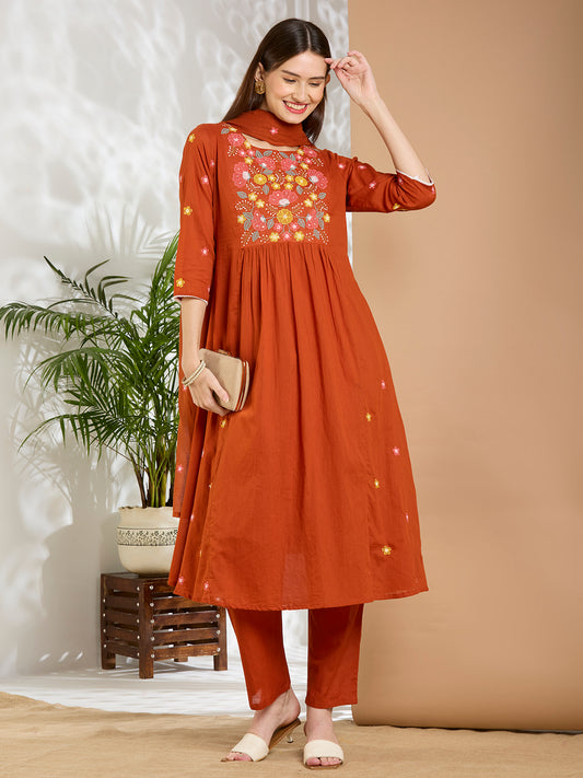 Solid Floral Embroidered A-Line Flared Kurta with Pant & Dupatta - Rust
