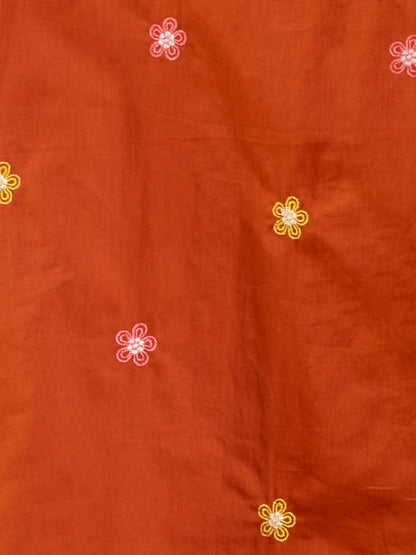 Solid Floral Embroidered A-Line Flared Kurta with Pant & Dupatta - Rust