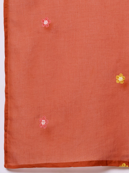 Solid Floral Embroidered A-Line Flared Kurta with Pant & Dupatta - Rust