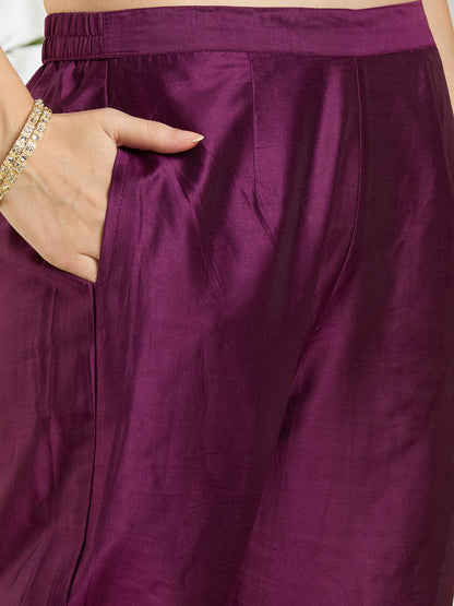 Bandhani Printed Embroidered Straight Kurta with Pant and Dupatta - Purple