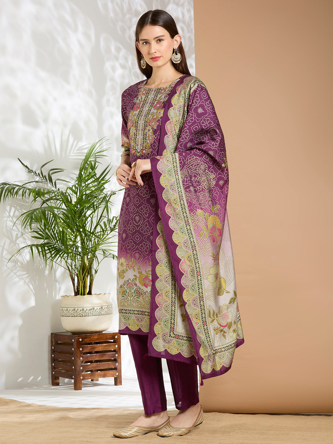 Bandhani Printed Embroidered Straight Kurta with Pant and Dupatta - Purple
