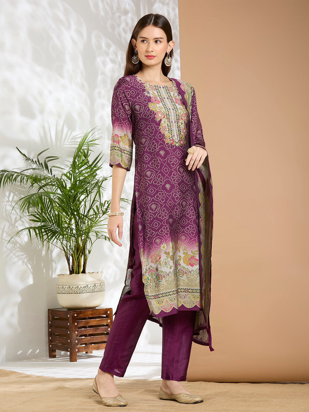 Bandhani Printed Embroidered Straight Kurta with Pant and Dupatta - Purple
