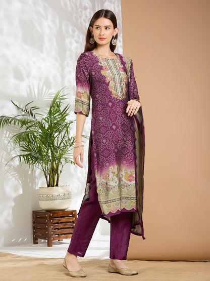 Bandhani Printed Embroidered Straight Kurta with Pant and Dupatta - Purple
