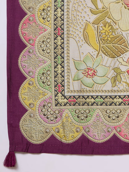 Bandhani Printed Embroidered Straight Kurta with Pant and Dupatta - Purple