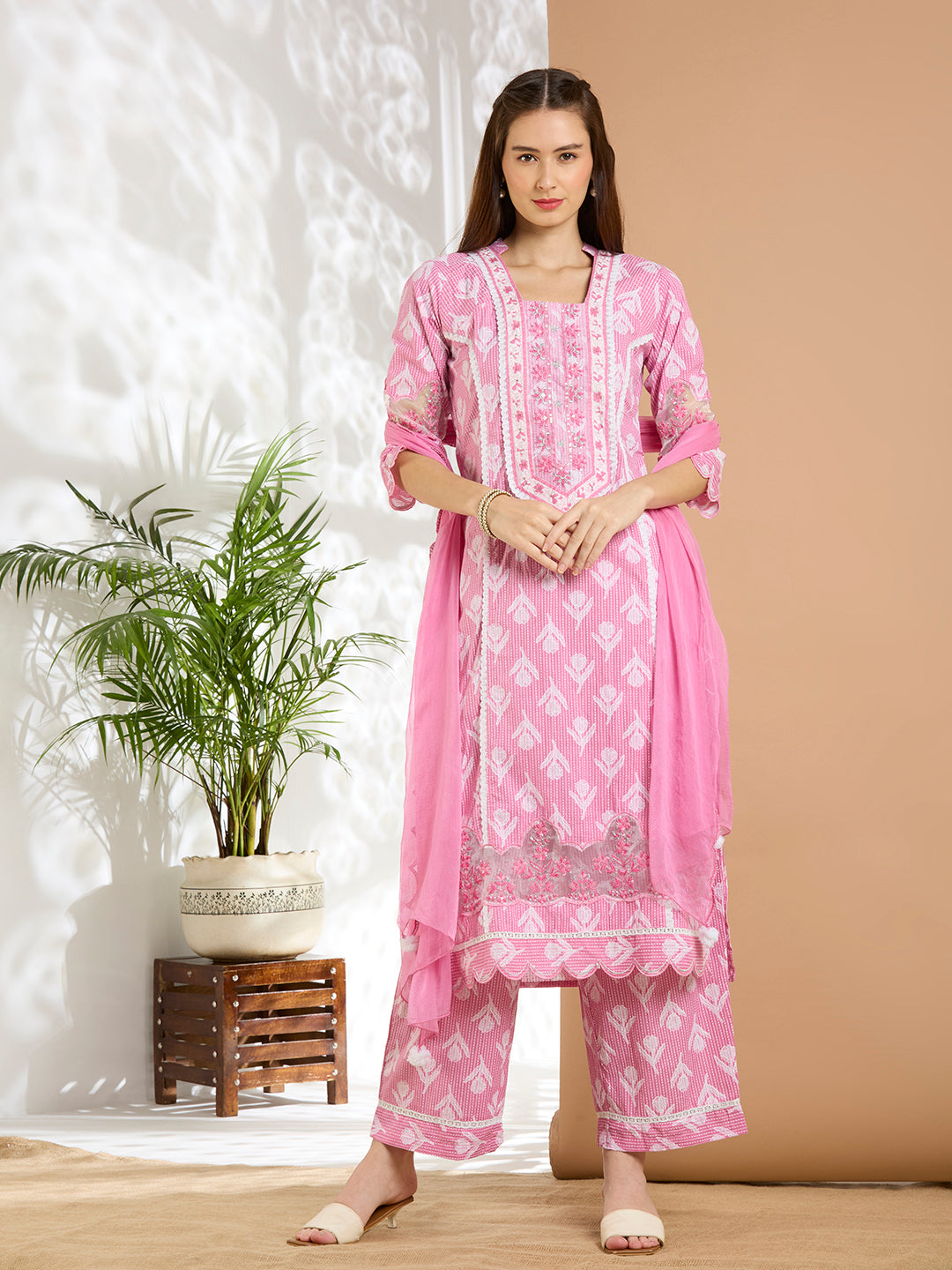 Ethnic Floral Printed Embroidered Straight Kurta with Palazzo & Dupatta - Pink