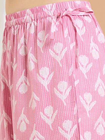 Ethnic Floral Printed Embroidered Straight Kurta with Palazzo & Dupatta - Pink