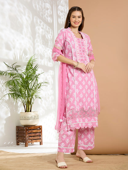 Ethnic Floral Printed Embroidered Straight Kurta with Palazzo & Dupatta - Pink