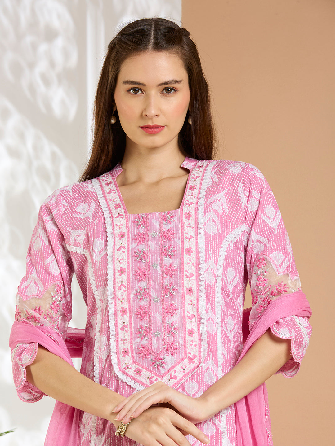Ethnic Floral Printed Embroidered Straight Kurta with Palazzo & Dupatta - Pink