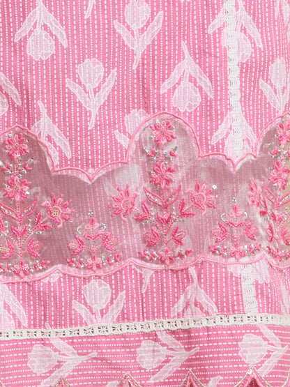 Ethnic Floral Printed Embroidered Straight Kurta with Palazzo & Dupatta - Pink