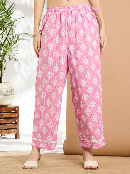 Ethnic Floral Printed Embroidered Straight Kurta with Palazzo & Dupatta - Pink