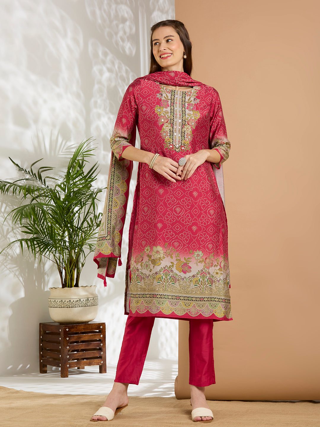 Bandhani Printed Embroidered Straight Kurta with Pant and Dupatta - Red
