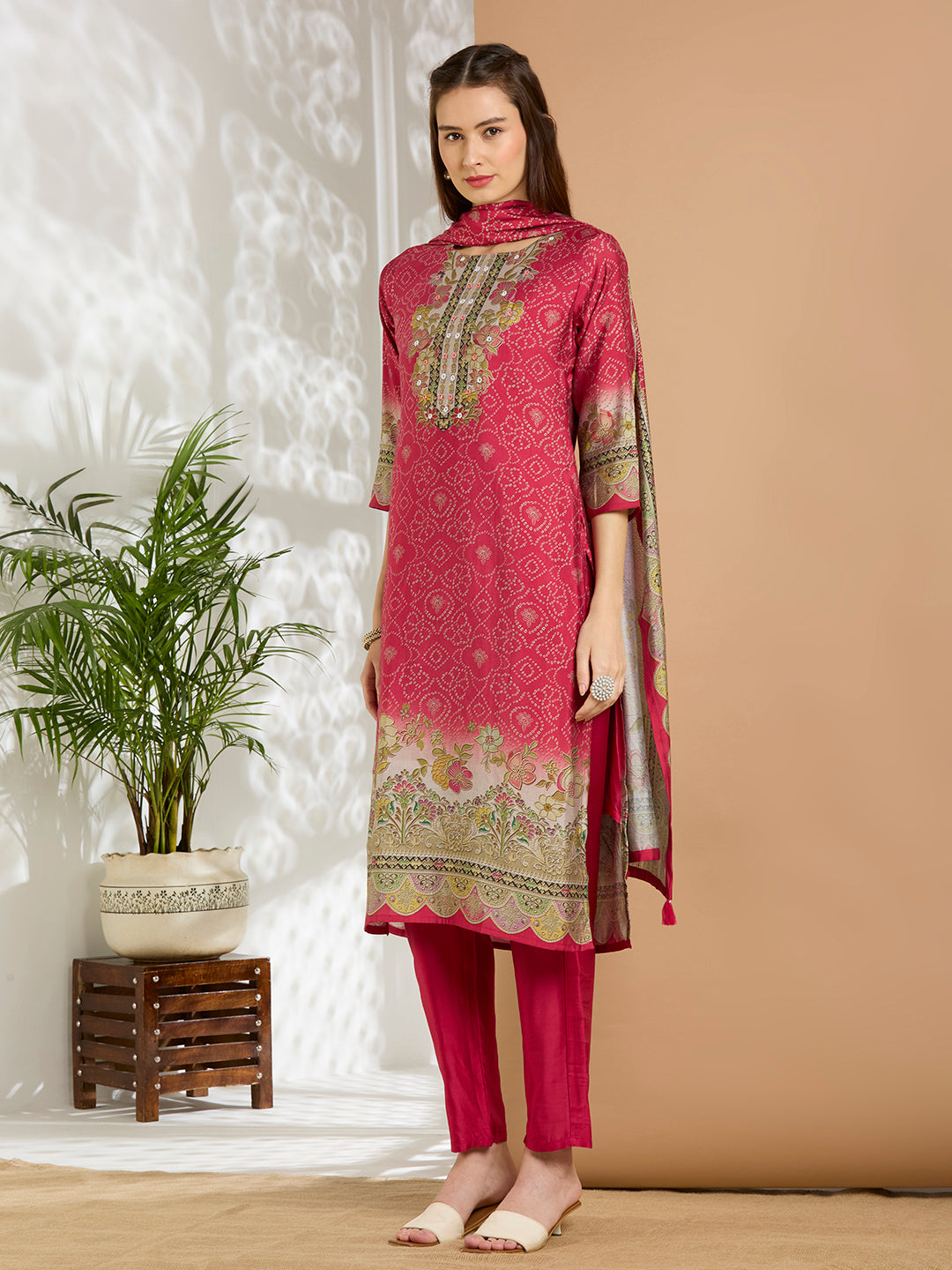 Bandhani Printed Embroidered Straight Kurta with Pant and Dupatta - Red