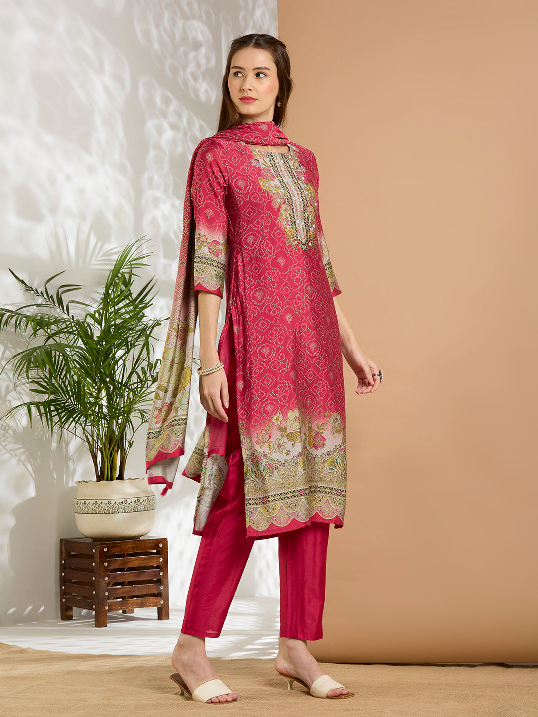 Bandhani Printed Embroidered Straight Kurta with Pant and Dupatta - Red