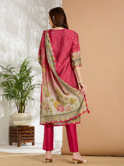 Bandhani Printed Embroidered Straight Kurta with Pant and Dupatta - Red