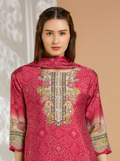 Bandhani Printed Embroidered Straight Kurta with Pant and Dupatta - Red