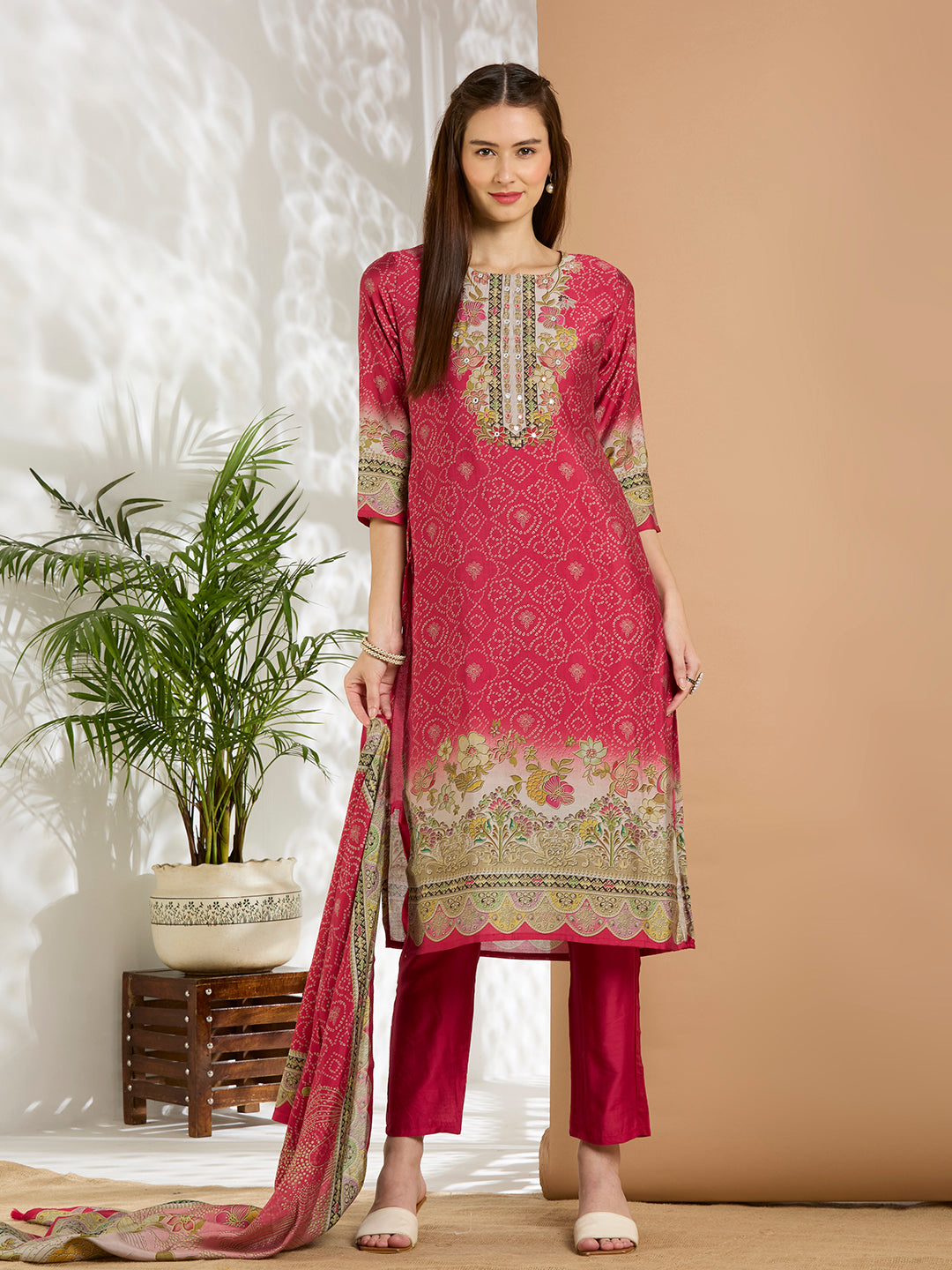 Bandhani Printed Embroidered Straight Kurta with Pant and Dupatta - Red