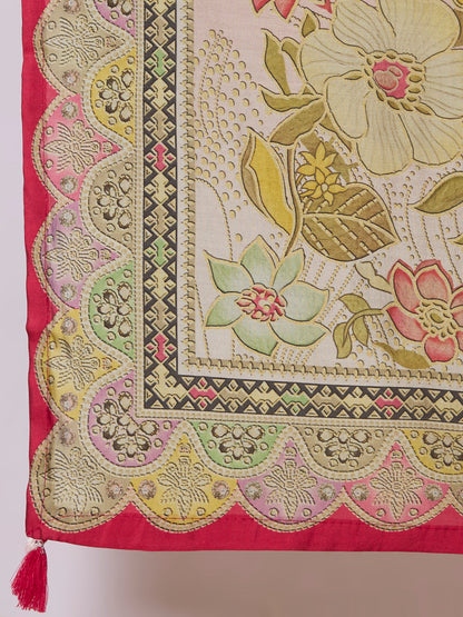 Bandhani Printed Embroidered Straight Kurta with Pant and Dupatta - Red