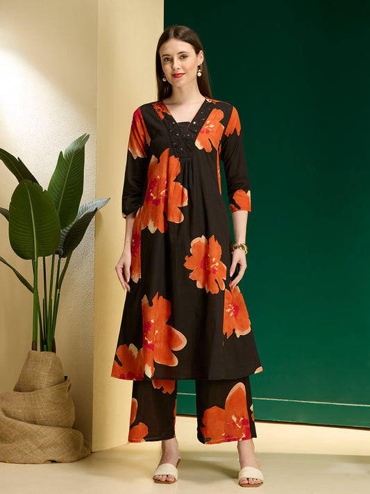 Abstarct Printed & Embroidered A-Line Kurta with Palazzo - Black
