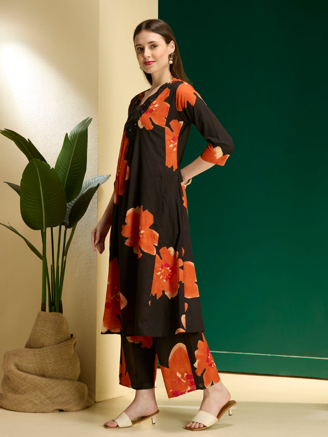 Abstarct Printed & Embroidered A-Line Kurta with Palazzo - Black