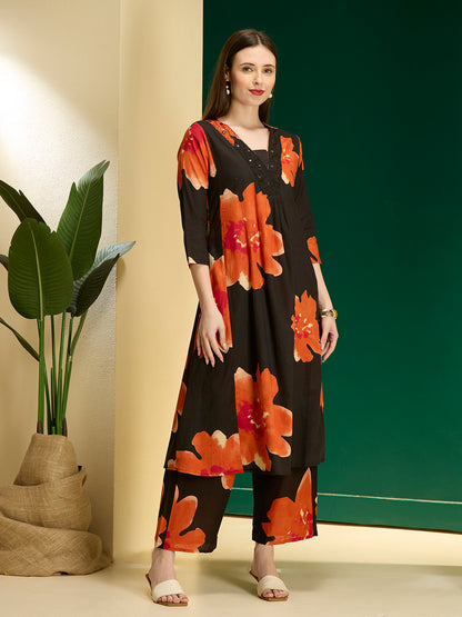 Abstarct Printed & Embroidered A-Line Kurta with Palazzo - Black