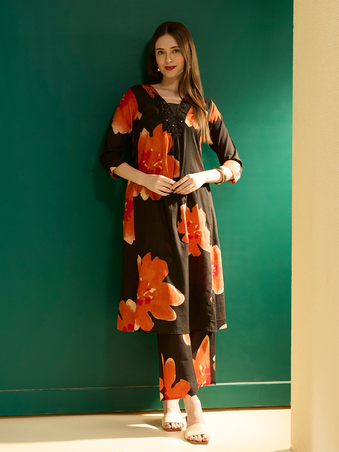 Abstarct Printed & Embroidered A-Line Kurta with Palazzo - Black