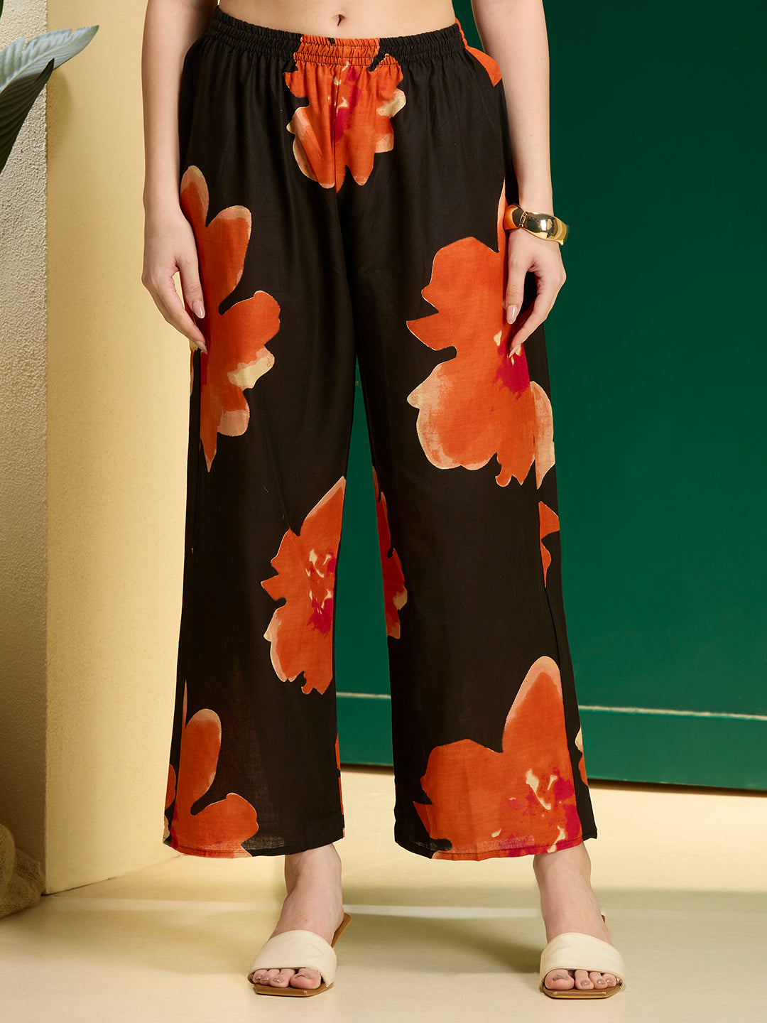 Abstarct Printed & Embroidered A-Line Kurta with Palazzo - Black