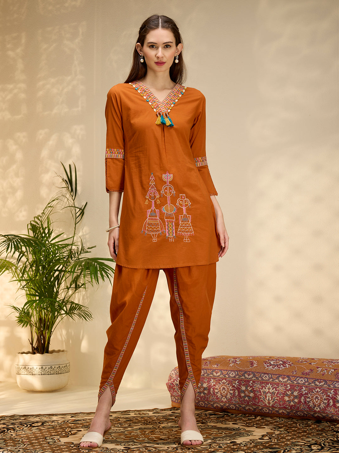 Solid Threadwork Tribal Embroidered Straight Fit Co-ord Set - Rust