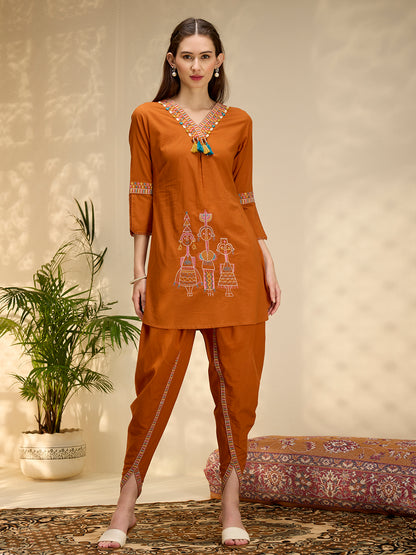 Solid Threadwork Tribal Embroidered Straight Fit Co-ord Set - Rust