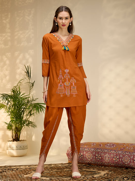 Solid Threadwork Tribal Embroidered Straight Fit Co-ord Set - Rust