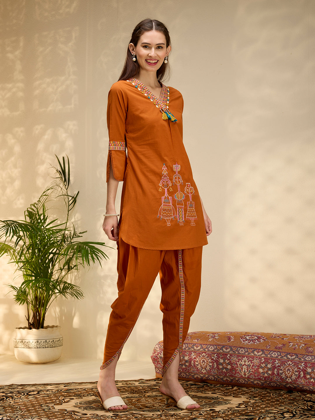 Solid Threadwork Tribal Embroidered Straight Fit Co-ord Set - Rust