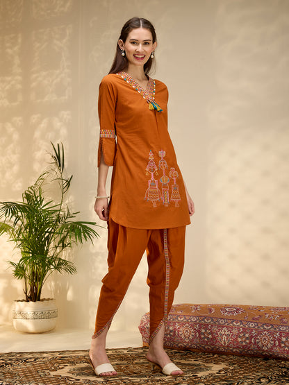 Solid Threadwork Tribal Embroidered Straight Fit Co-ord Set - Rust