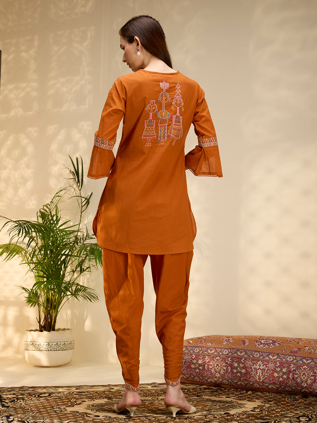 Solid Threadwork Tribal Embroidered Straight Fit Co-ord Set - Rust