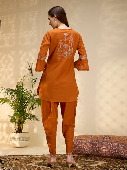 Solid Threadwork Tribal Embroidered Straight Fit Co-ord Set - Rust