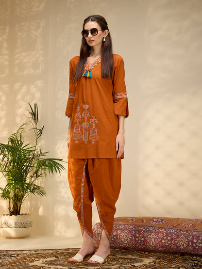 Solid Threadwork Tribal Embroidered Straight Fit Co-ord Set - Rust