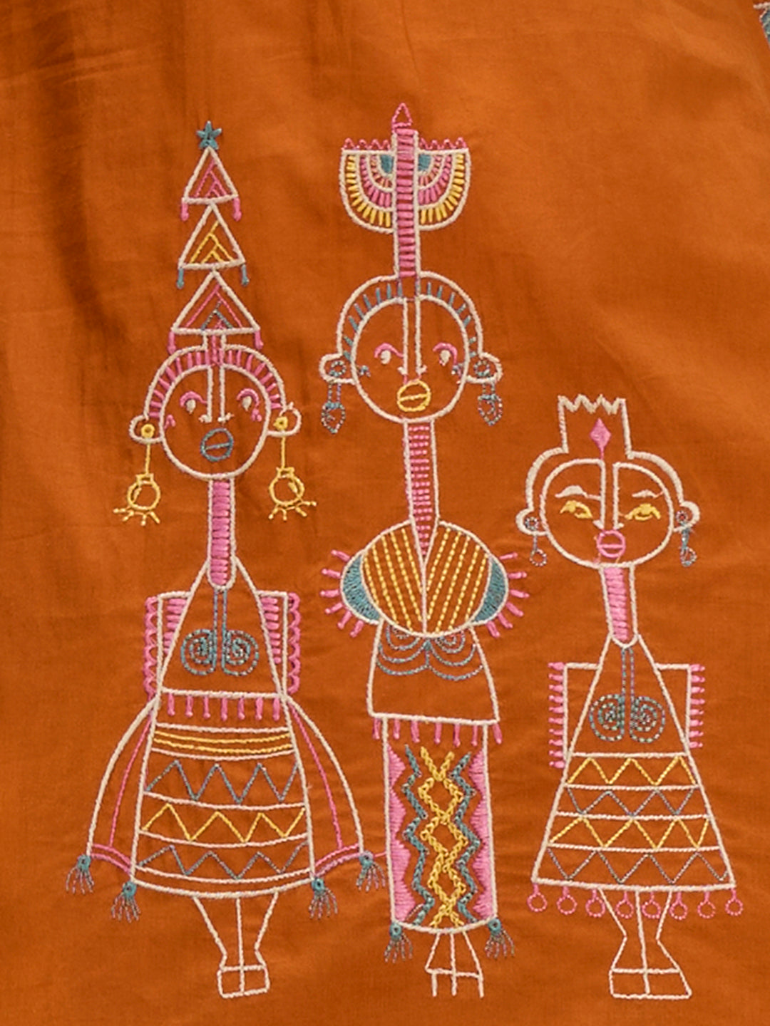 Solid Threadwork Tribal Embroidered Straight Fit Co-ord Set - Rust