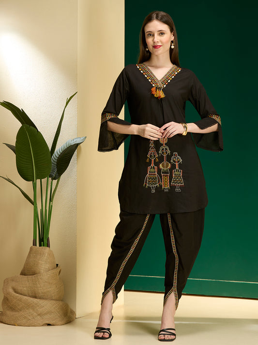 Tribal Motif Threadwork Embroidered Straight Kurta with Dhoti Pant - Black