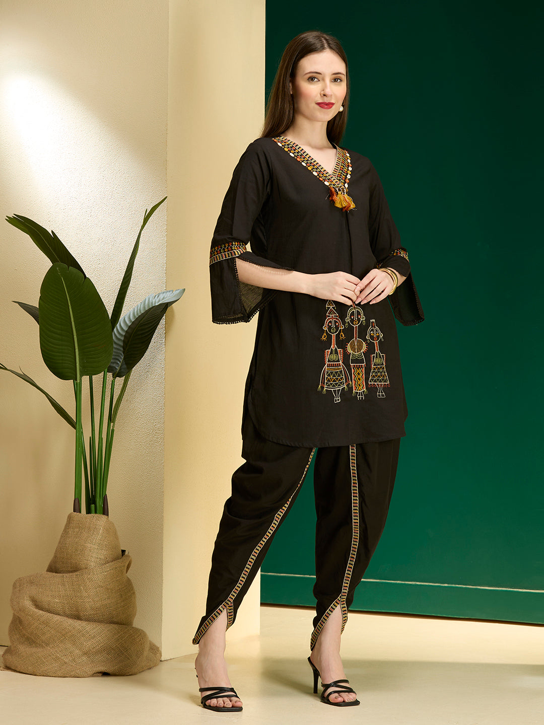 Tribal Motif Threadwork Embroidered Straight Kurta with Dhoti Pant - Black