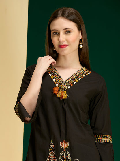 Tribal Motif Threadwork Embroidered Straight Kurta with Dhoti Pant - Black