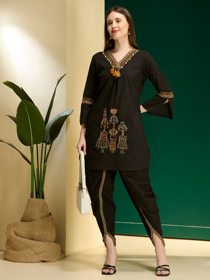 Tribal Motif Threadwork Embroidered Straight Kurta with Dhoti Pant - Black