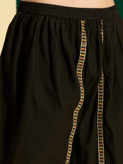 Tribal Motif Threadwork Embroidered Straight Kurta with Dhoti Pant - Black