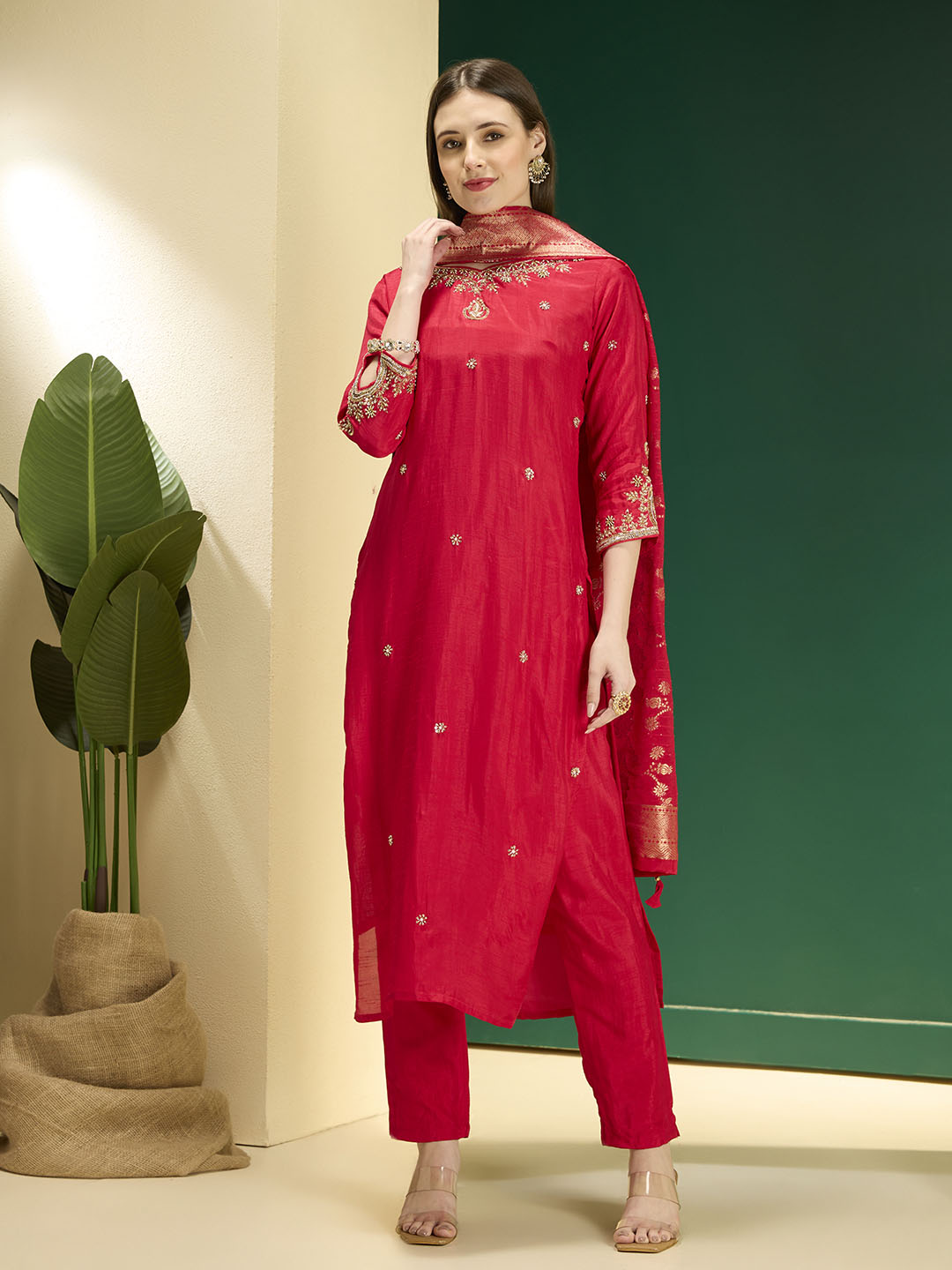 Solid Ethnic Embroidered Straight Kurta with Pant & Dupatta - Red