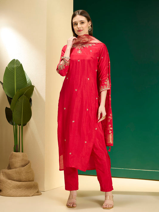 Solid Ethnic Embroidered Straight Kurta with Pant & Dupatta - Red
