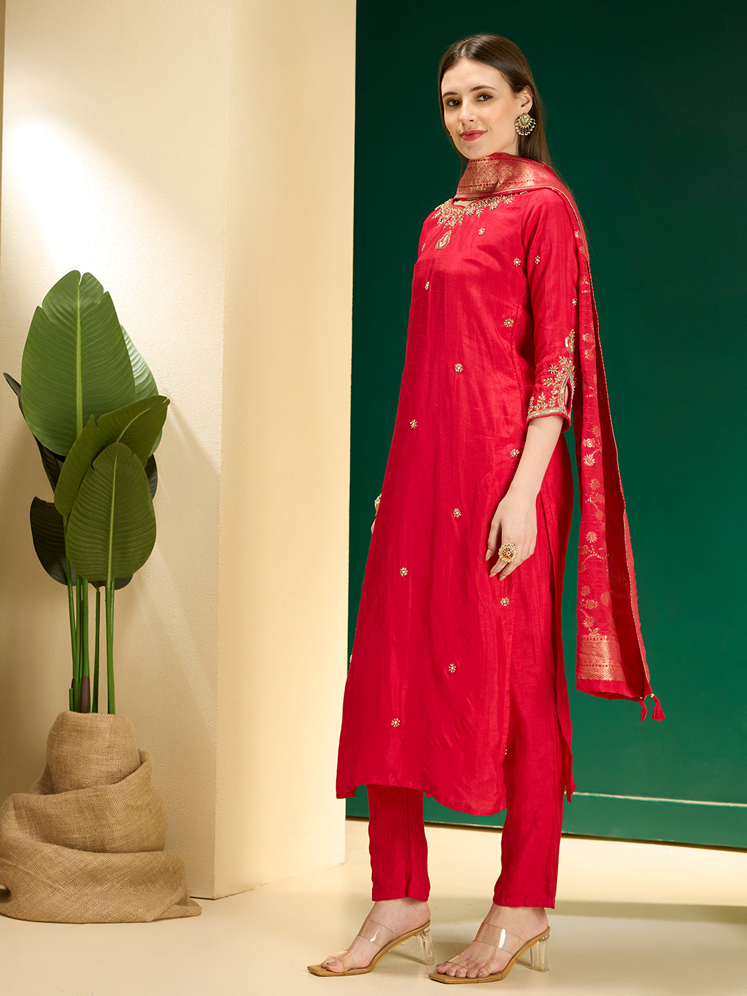 Solid Ethnic Embroidered Straight Kurta with Pant & Dupatta - Red